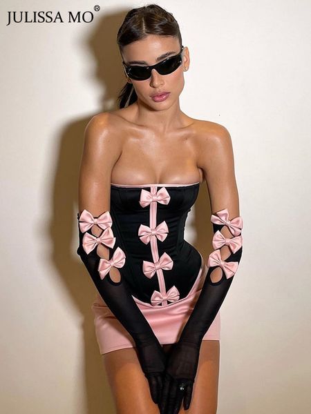 

women's jumpsuits rompers julissa mo outfits women two piece set y2k dress suit bows trim strapless corset mini skirt summer party set, Black;white