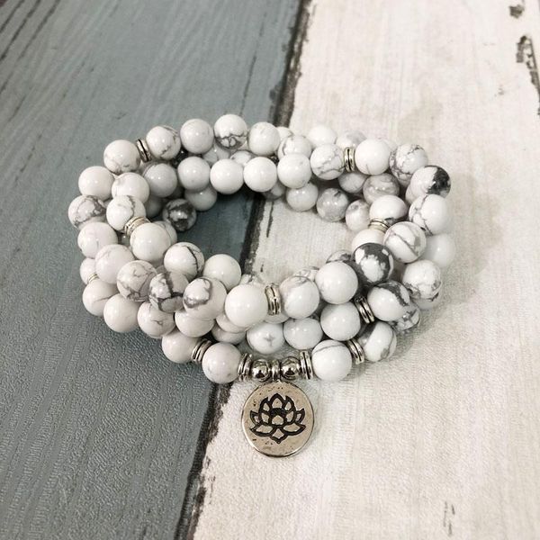 

bangle fashion wrapped howlite 108 mala bracelet om buddha yoga charm wrist natural white tur quoise beaded bracelet for unisex, Black