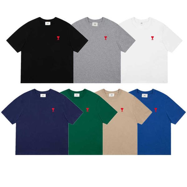 

summer round neck embroidery red little heart pure cotton short sleeve t-shirt men's and women's couple laydown loose bottom shirt, White