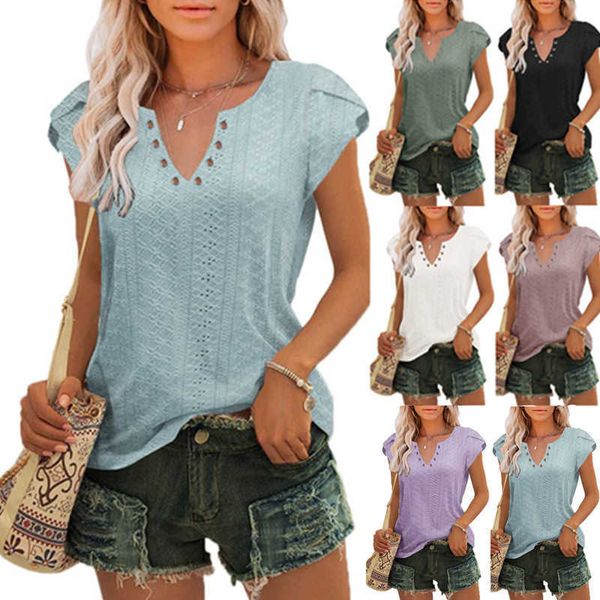 

women's summer new women's t-shirt jacquard hollow petal sleeve casual top, White