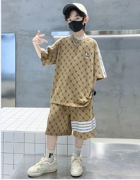 

2023bb new arrivals summer boys clothing sets t-shirt + shorts two pieces cotton printed bletters big kids cool boys suit 5-14 years old loo, White