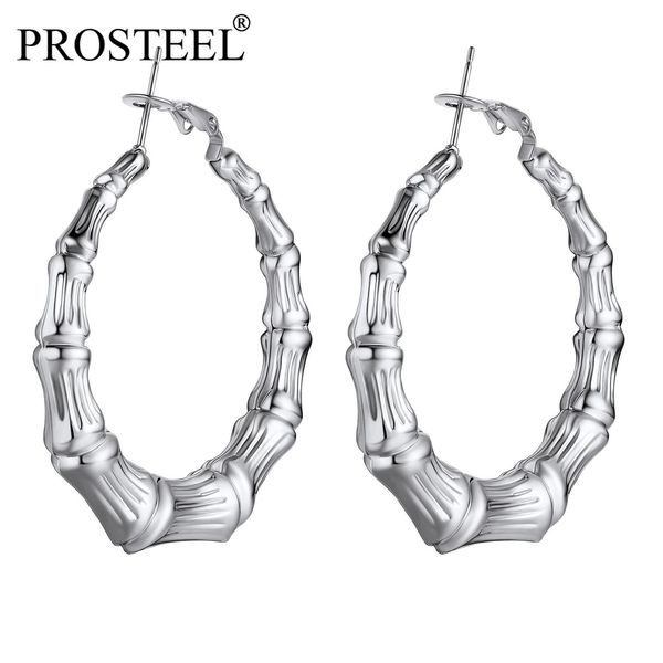 

huggie prosteel bamboo hoop earrings 40mm/60mm/80mm sizes for women black/18k gold plated stainless steel earring hypoallergenic e40009, Golden;silver