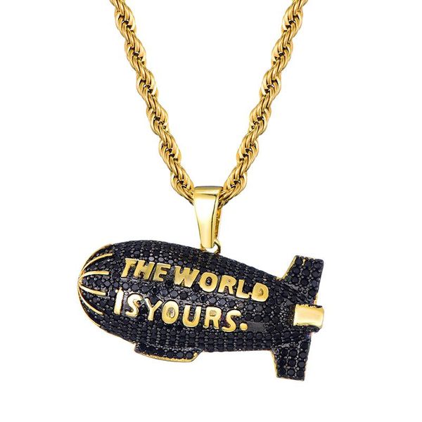 

necklaces hip hop the world is yours blimp gold color cubic zircon necklaces pendants for men jewelry with tennis chain, Silver
