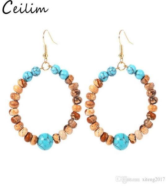 

natural stone beads round wrapped hoop earrings for women fashion gold color circle creole earring new boho ear jewelry gifts acce8897898, Silver