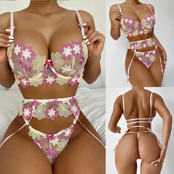 

women s lingerie embroidery flower donna see through 3 piece exotic sets womens underwear femme, Black;white