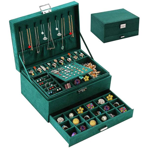 

boxes three layer new retro flannel jewelry box with mirror earrings ring necklace storage case dark green color, Black;white