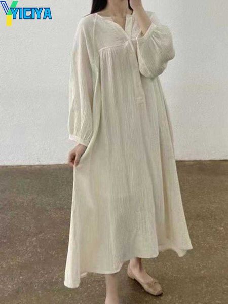 

yiciya casual dresses women korean single breasted dress puff sleeve solid color loose causal maxi 2023 spring summer tide vestido, Black;gray