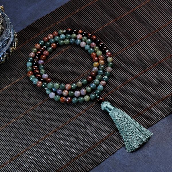 

necklaces japamala 108 necklace tassel beaded necklace female and male necklace for healing meditation tigereye indian agate natural stone, Silver