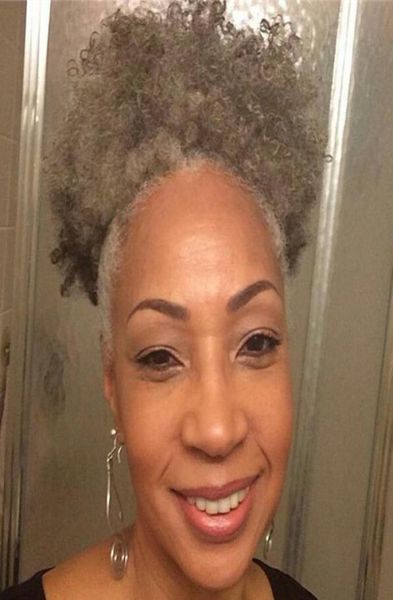 

women gray hair extension silver grey ponytails afro puff kinky curly drawstring human hair ponytails clip in real hair 140g 100g 6534085, Black