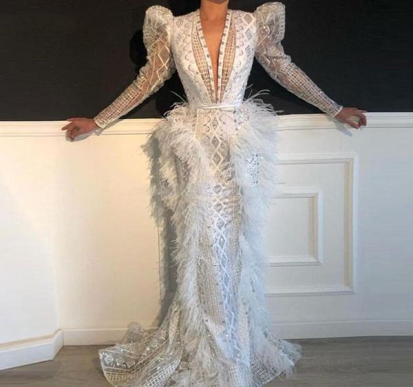 

luxury feather prom dresses glitter crystal custom made v neck long slevees tulle evening dress sweep train party wear mermai9369362, Black;red