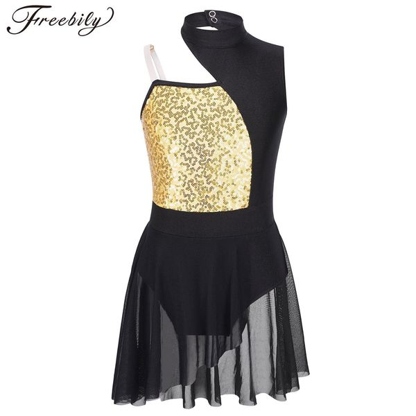 

girl's dresses kids girls ballet gymnastics leotard dress shiny sequins off shoulder lyrical dancewear for stage performance dance cost, Red;yellow