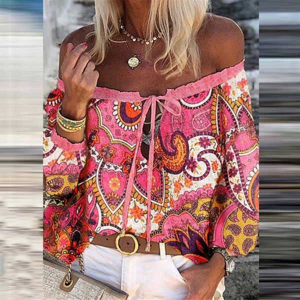 

womens blouses shirts elegant laceup tassel chic summer vintage floral print boho women off shoulder flare sleeve blusa 230519, White