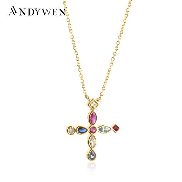 

necklaces andywen 925 sterling silver colorful cross pendant long chain women necklace 2020 european fashion jewelry wedding gift