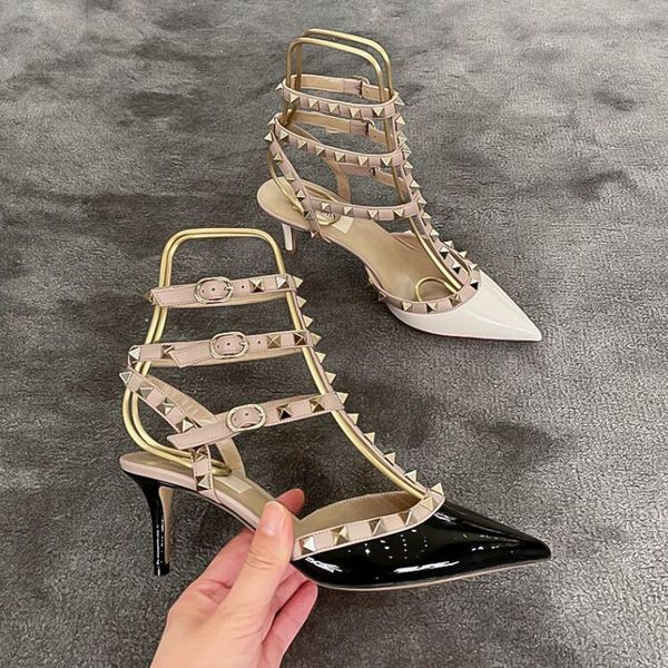 

designer 6cm women high heel sandals genuine leather women wedding shoes with rivets black/nude sandals 35-43