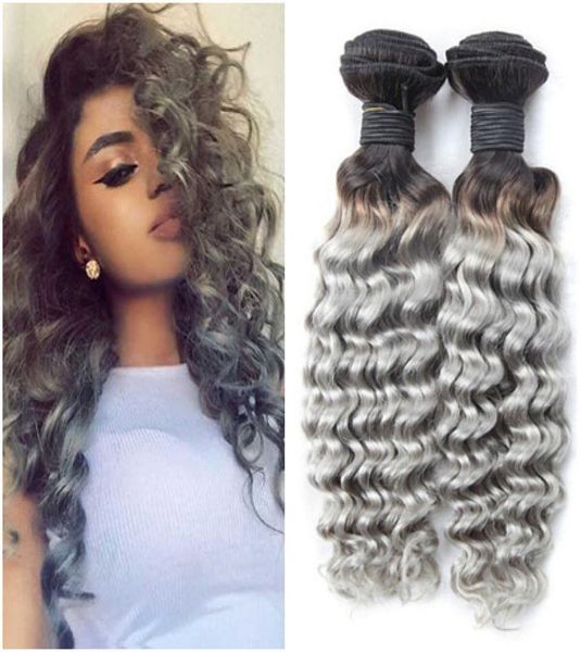 

virgin peruvian human hair 1bgrey 2tone ombre weaves deep wave wavy virgin hair wefts extensions 3pcs ombre silver grey human hai1696380, Black