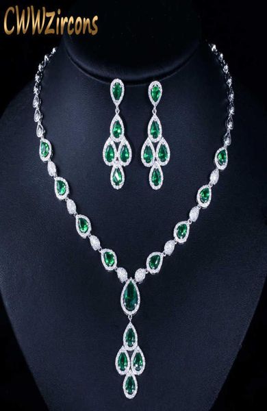 

elegant white gold color green water drop cubic zirconia crystal big wedding necklace earring set for brides t285 2107142163484, Silver