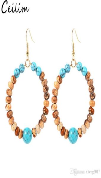 

natural stone beads round wrapped hoop earrings for women fashion gold color circle creole earring new boho ear jewelry gifts acce8775882, Silver