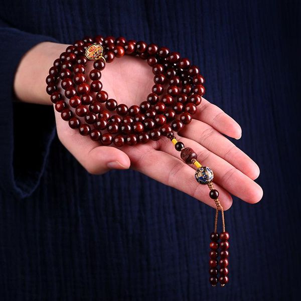 

bangle chinese style small leaf red sandalwood 108 buddhist beads hand string lacquer wood bracelet necklace rosary beads men women, Black