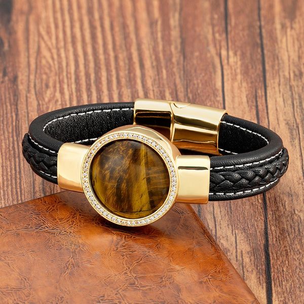

bangle natural round gemstone pave setting cubic zirconia men bracelet leather rope chain stainless steel male bangles luxury jewelry, Black