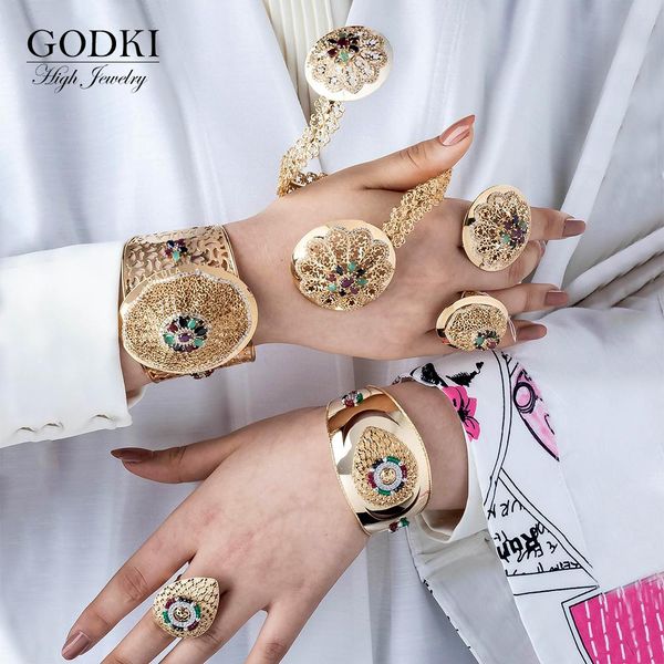 

bangle godki new charms 4pcs bracelet ring necklace earring set for women wedding bridal zircon african/indian/dubai bridal jewelry set, Black