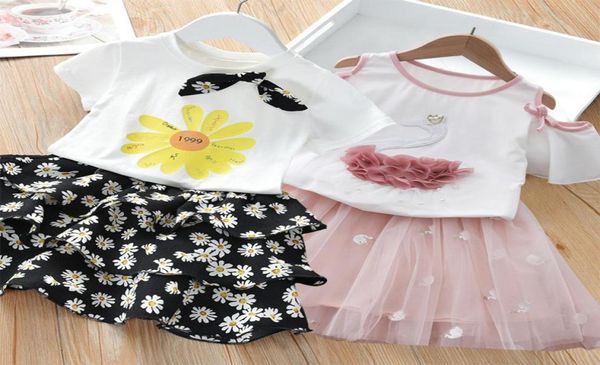 

2020 new girl039s clothes summer kids swan strapless tshirtlace dress sets casual summer girls set children clothing7300939, White
