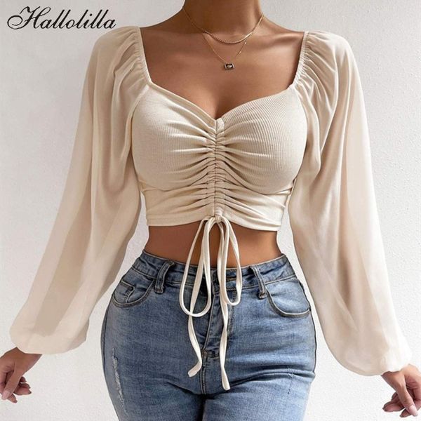 

womens blouses shirts vneck women drawstring long sleeve crop ladies fashion summer short shirt woman clothes blusas camisas mujer 230519, White