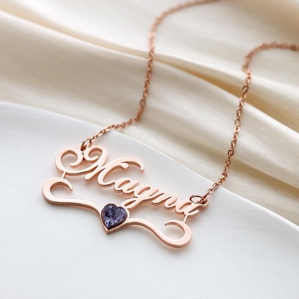 

necklaces crystal name necklace with birthstone custom gold plate letter pendant personalized stainless steel nameplate jewerly gift, Silver