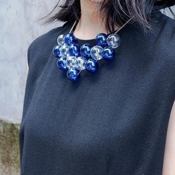 

necklaces original design navy blue bubbles choker necklace for women 2019 party chic hand blown glass ball charming short necklace femme, Silver