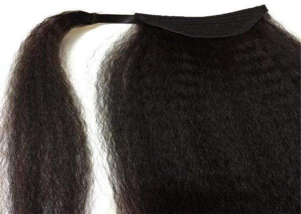

kinky straight brazilian human hair drawstring ponytail hairpiece clip in hair coarse extensions natural color remy puff ponytail 3034736, Black