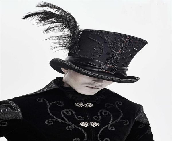 

wide brim hats gothic vintage hat men steampunk cosplay punk party caps feather decoration drop3739084, Blue;gray