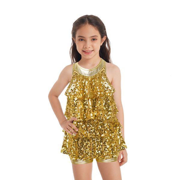

girl's dresses kids girls modern jazz latin dance costumes halter shiny sequins ballet dance shorty unitard dress girls stage ballet da, Red;yellow