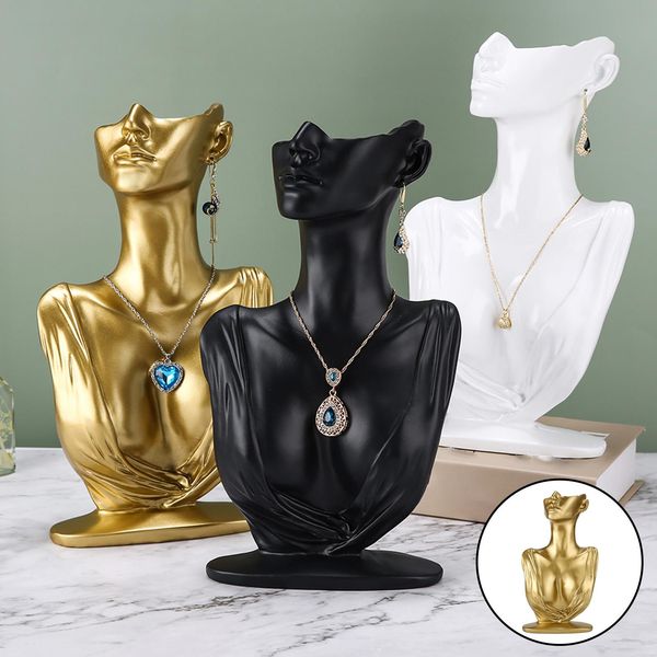 

boxes resin material necklace earrings display stand abstract art mannequin head bust stand model shop jewelry stand, Black;white