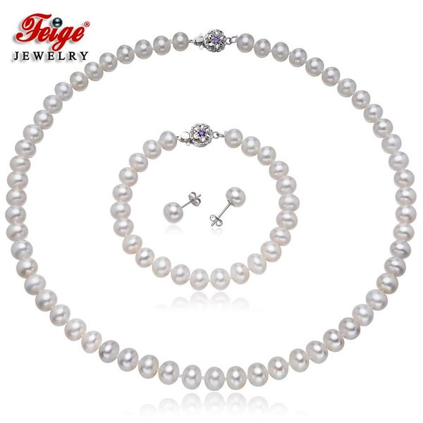 

necklace elegant classic design 925 sterling silver white natural cultured pearl jewelry set women's wedding jewelry set gifts feige