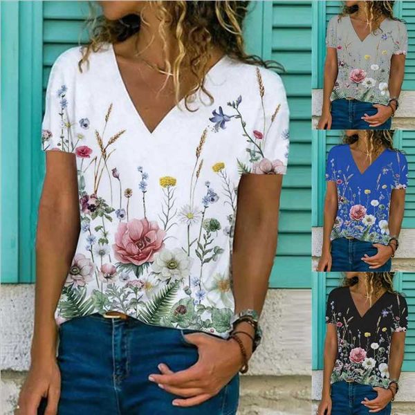 

new summer flower landscape print off v-neck short sleeve t-shirt, White