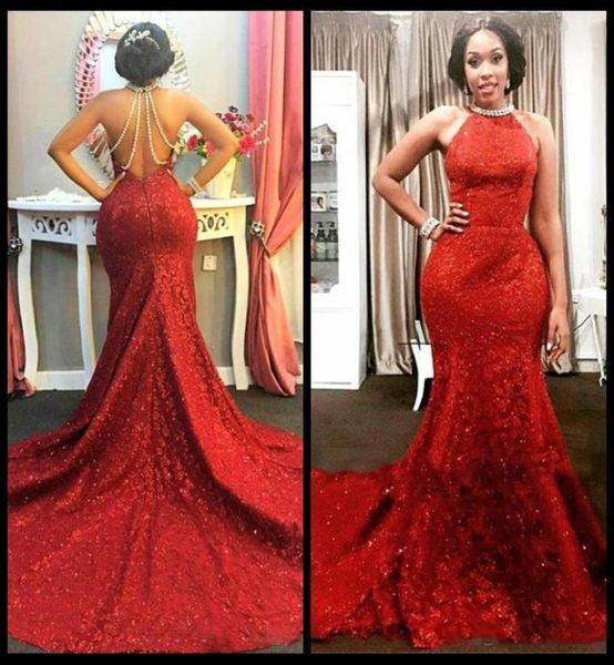 

2017 vestido de novia red mermaid evening dresses full lace with sequined long halter pearls open back robe de soiree9370405, Black;red