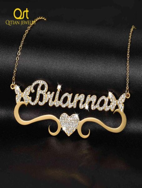 

personalized butterfly iced out name necklace with heart pendant for women stainless steel jewelry gift customized names necklac 29623135, Silver