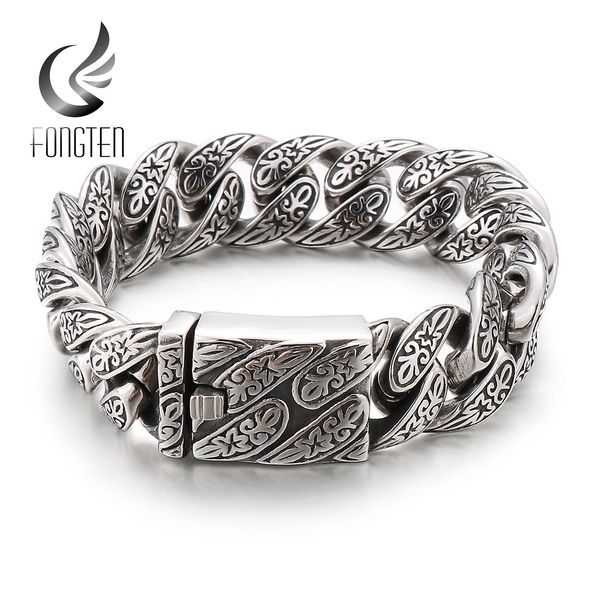 

bangle fongten vintage totem pattern cuban chain men bracelet blacken stainless steel punk wide big wristband trendy bangle jewelry, Black