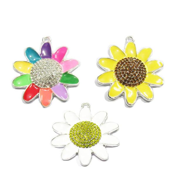 

necklaces 40mm 10pcs/lot sunflower/daisy enamel rhinestone pendants, Silver