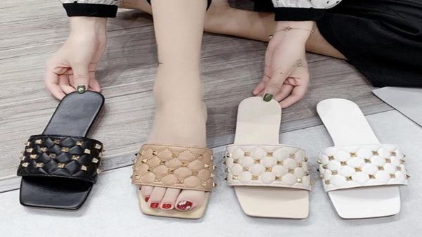 

women square toe sandal rivet slides summer flat slipper quilted stud leather mules shoes good quality big size gr0073700200, Black