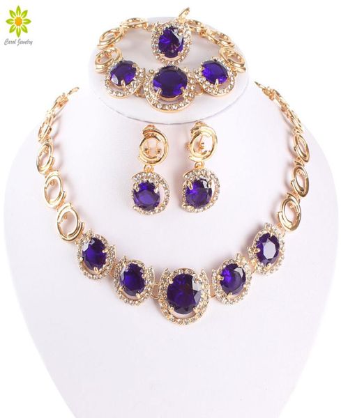 

new design gold plated jewelry blue zircon necklace bracelet earrings ring jewelry sets women dinner party jewelry set8366489, Slivery;golden