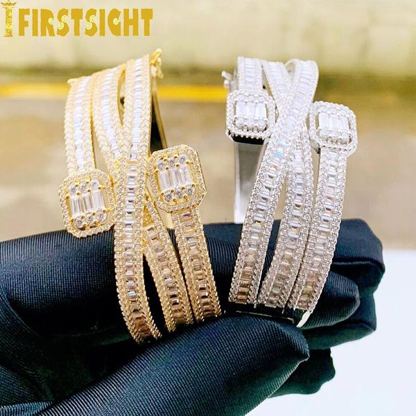

bangle new iced out bling silver color square zircon bracelet 3 row cross baguette aaa cz bangle for men women hiphop luxury jewelry, Black