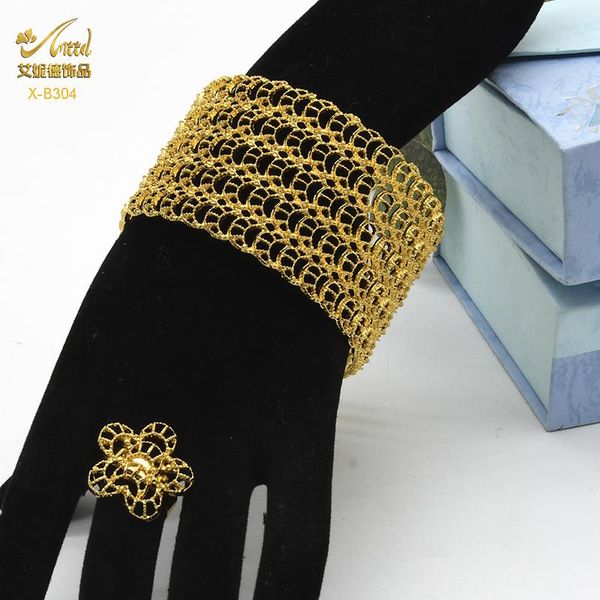 

bangle aniid new 24k plated gold chain bangles bracelet with ring for women dubai wedding party dinner luxury charm bangle jewelry gift, Black