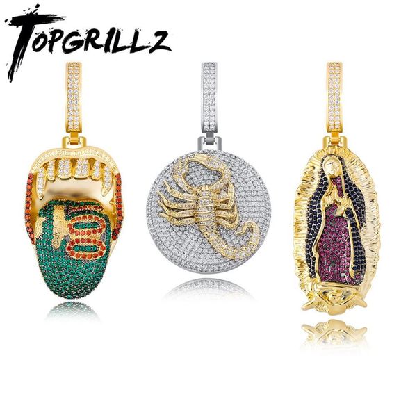 

necklaces rillz men's pendant green tongue animal scorpion virgin mary hip hop pendant iced out cubic zirconia fashion jewelry gift, Silver