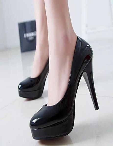 

high heel patent leather fashion single shoe shallow mouth low thin super work sho large 41423709636, Black