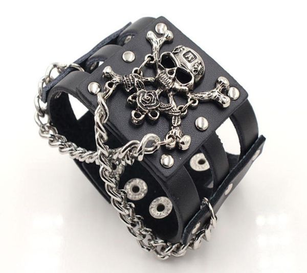 

rock rivet wide cowhide skull bracelet punk leather hollow cuff bangle black leather dance bracelet5058421, Golden;silver