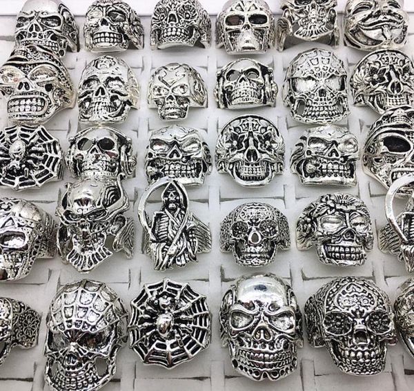 

whole 30pcslot rings mix styles silver metal alloy mens womens gothic skull skeleton ring punk biker fashion jewelry1847973, Golden;silver
