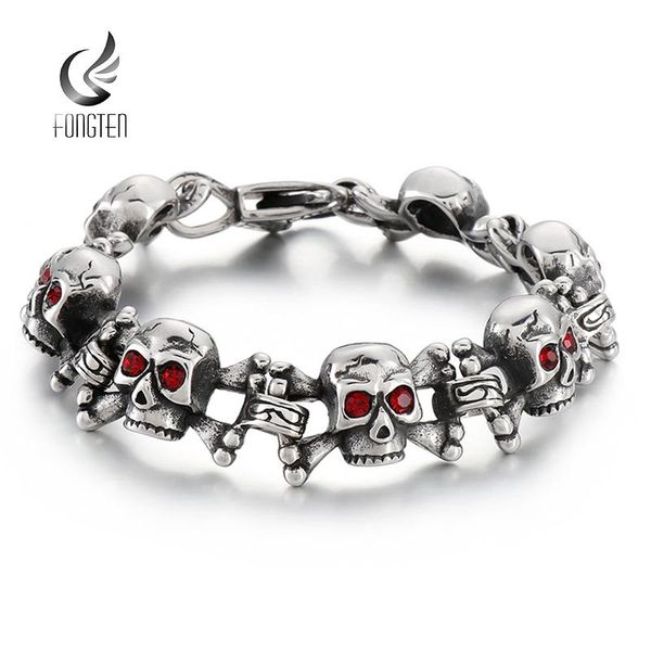 

bangle fongten punk skull bracelet men's silver color stainless steel red rhinestone eye link chain charm bracelet for men jewellery, Black