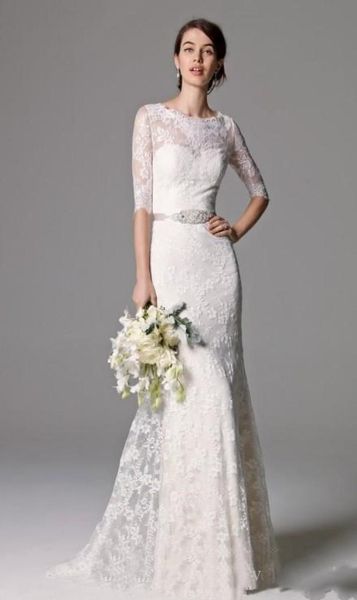 

vintage lace wedding dresses with beaded ribbon buttons back gowns half sleeves dress6068250, White