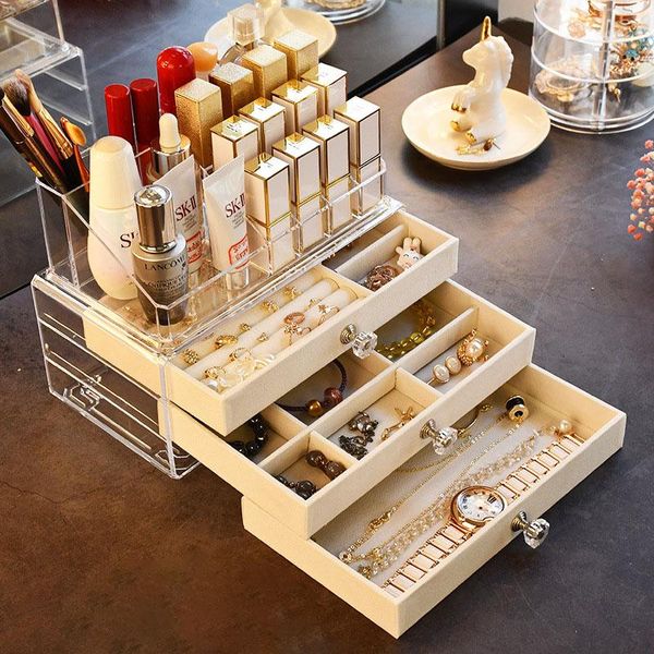 

boxes acrylic jewelry organizers box earrings ring necklace beige velvet storage case lipstick makeup organizer display stand holder, Black;white