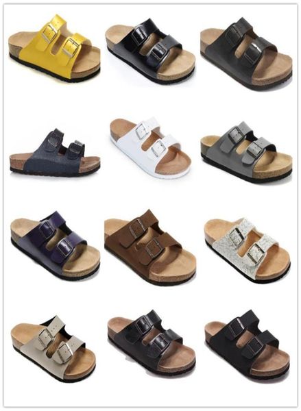 

famous brand men genuine leather slippers women sandals with double buckle men shoes arizona summer beach with origna2164405, Black